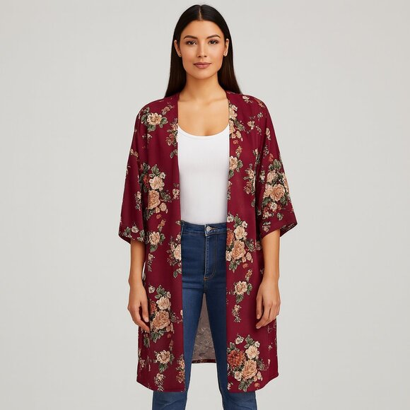 Floral Burgundy Kimono Cardigan XL - Picture 1 of 8